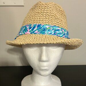Lilly Pulitzer Natural Straw Fedora with Pink, Blue & Green Printed Band